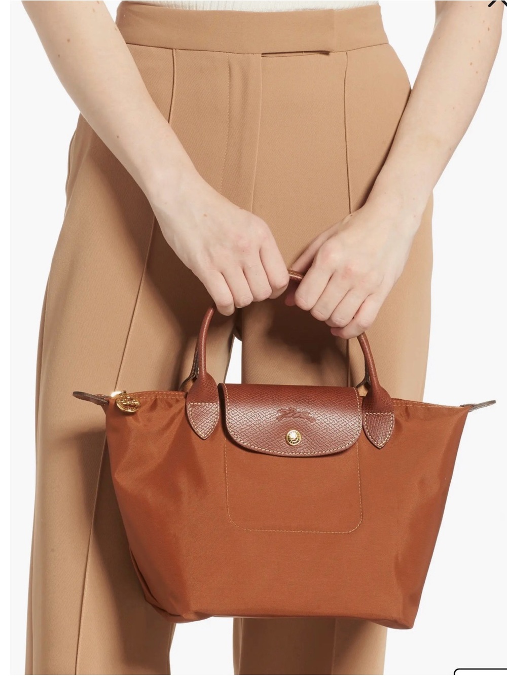 Small Longchamp Le Pliage Original Top Handle Bag Color Cognac